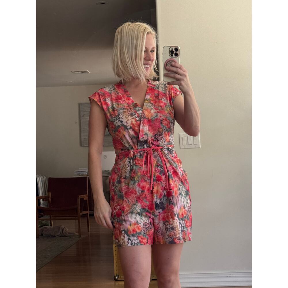 Athleta Size Small Floral Watercolor Athletic Romper with Pink and Red Flowers